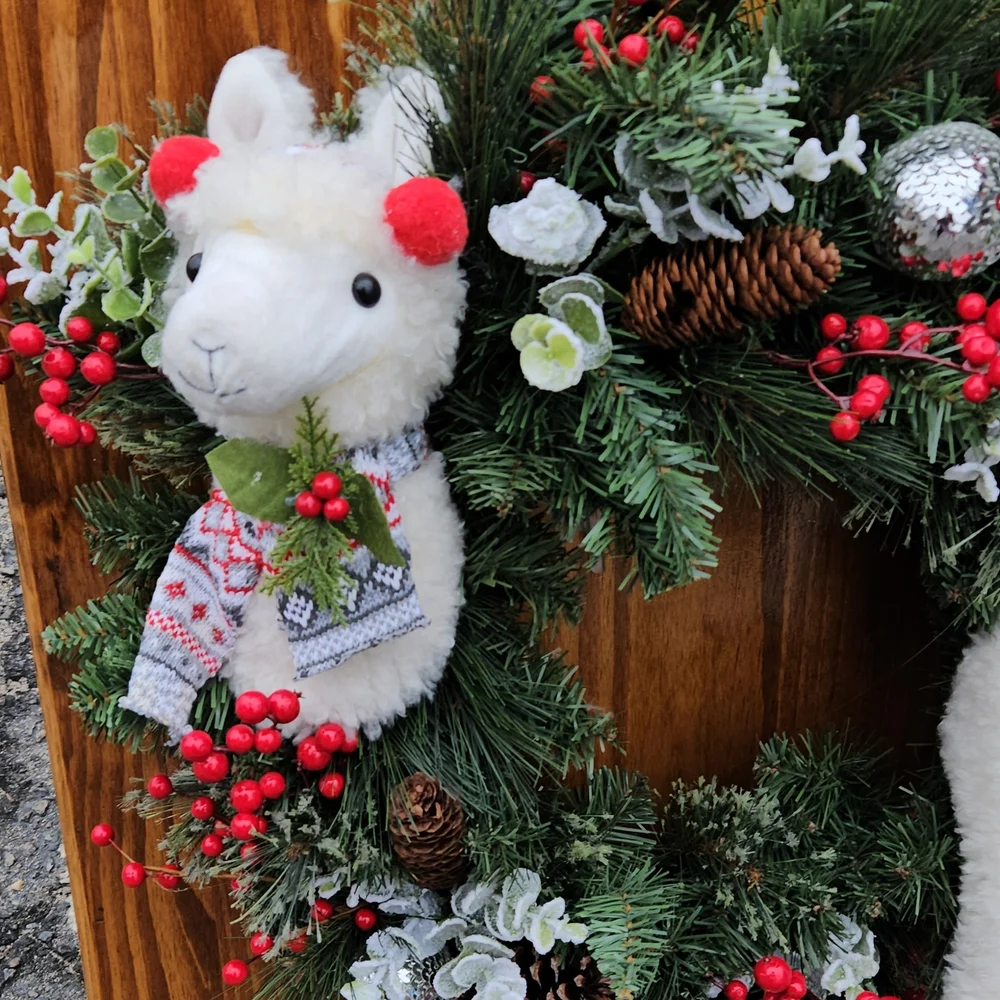 Festive Llama Holiday Wreath with Red Berries